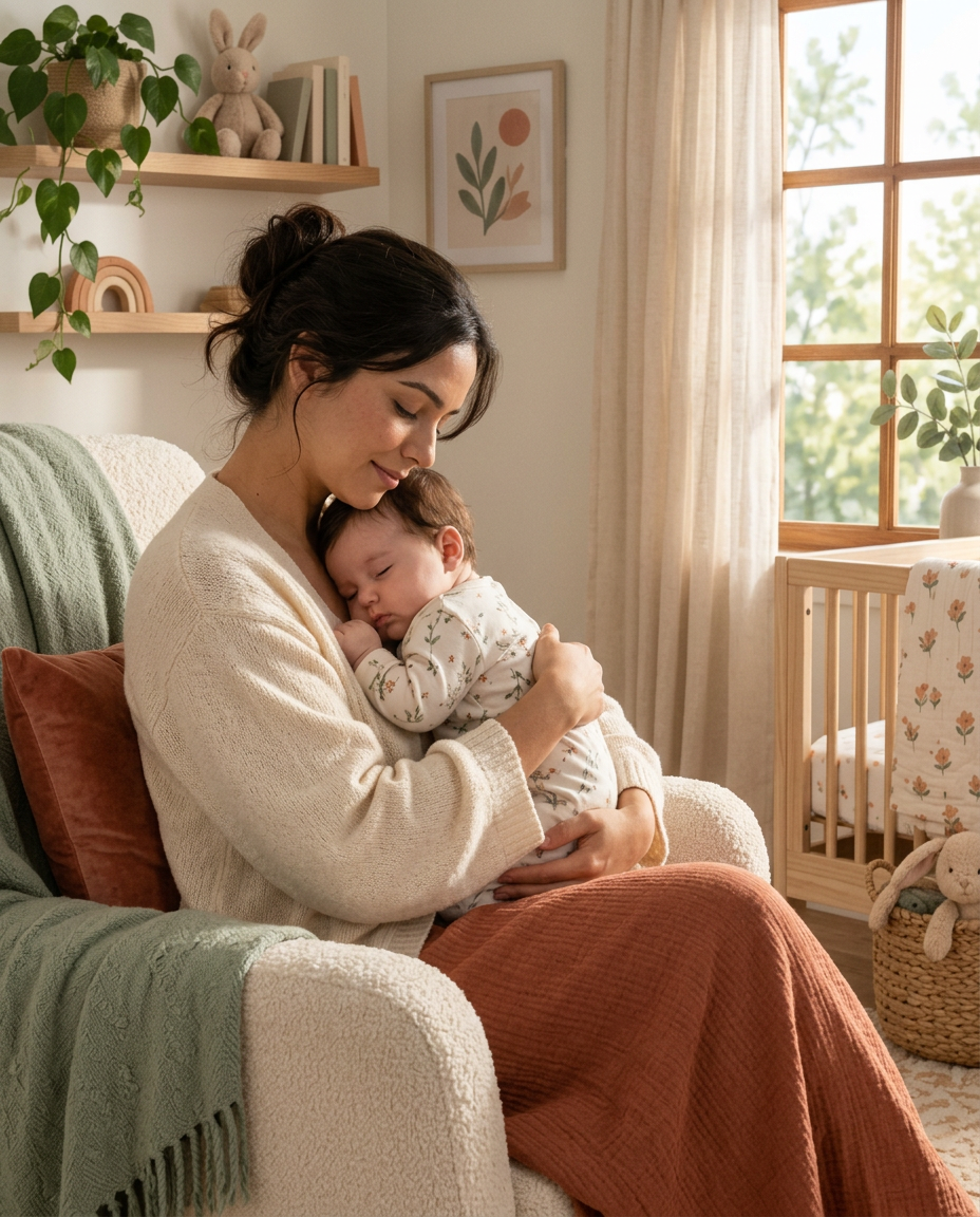 Mãe acalentando seu bebê dormindo em um quarto aconchegante
