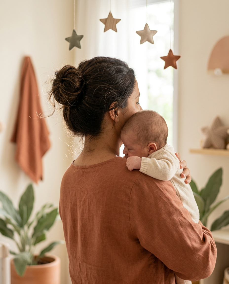 Mãe carregando seu bebê em um ambiente acolhedor